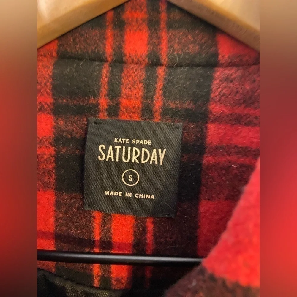 Kate spade SATURDAY scotch plaid wool blend pea coat Red Black Sz S